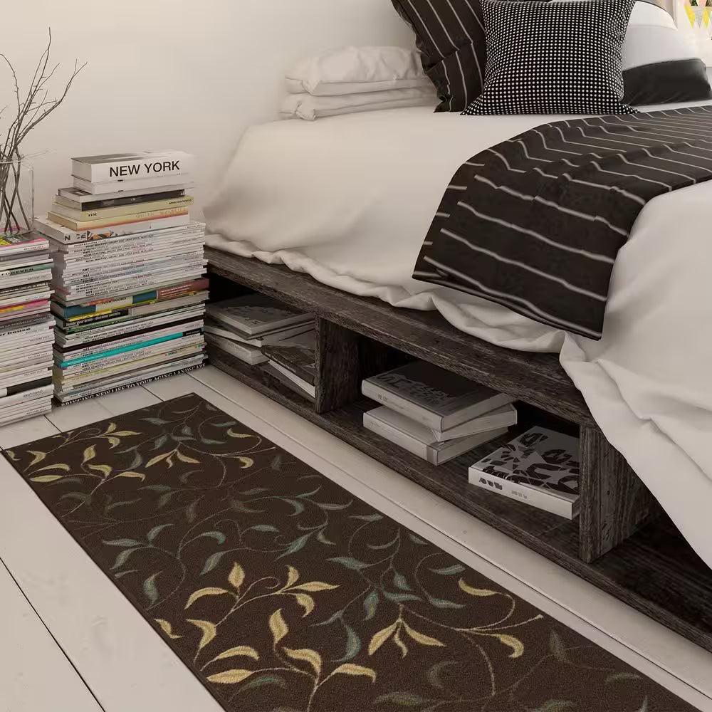 Ottohome Collection Non-Slip Rubberback Leaves Design 3X10 Indoor Runner Rug, 2 Ft. 7 In. X 9 Ft. 10 In., Dark Brown