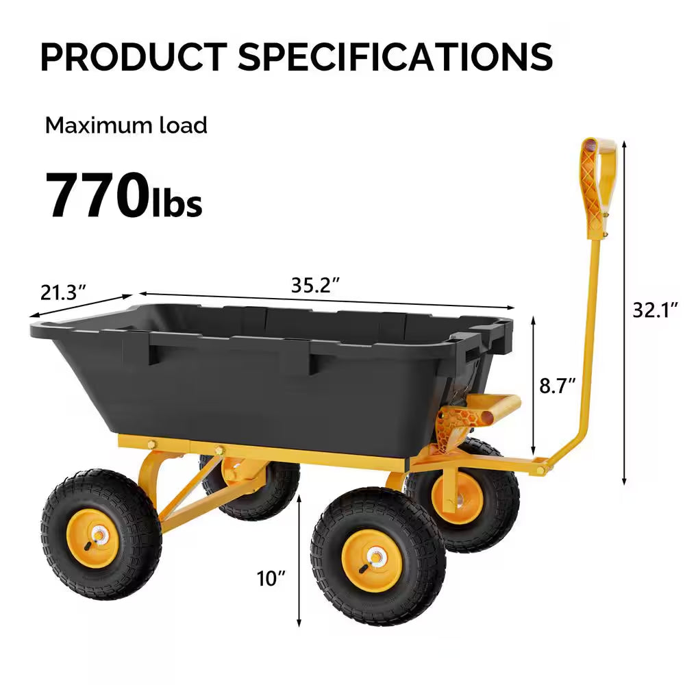 3.7 Cu. Ft. Iron Plastic Garden Cart Cart Utility Wheelbarrow 770 Lbs. Capacity in Yellow and Black