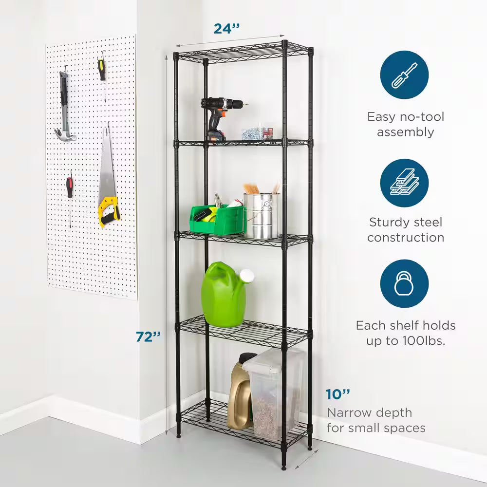 5-Tier Steel Wire Shelving Unit in Black 24 In. W X 72 In. H X 10 In. D