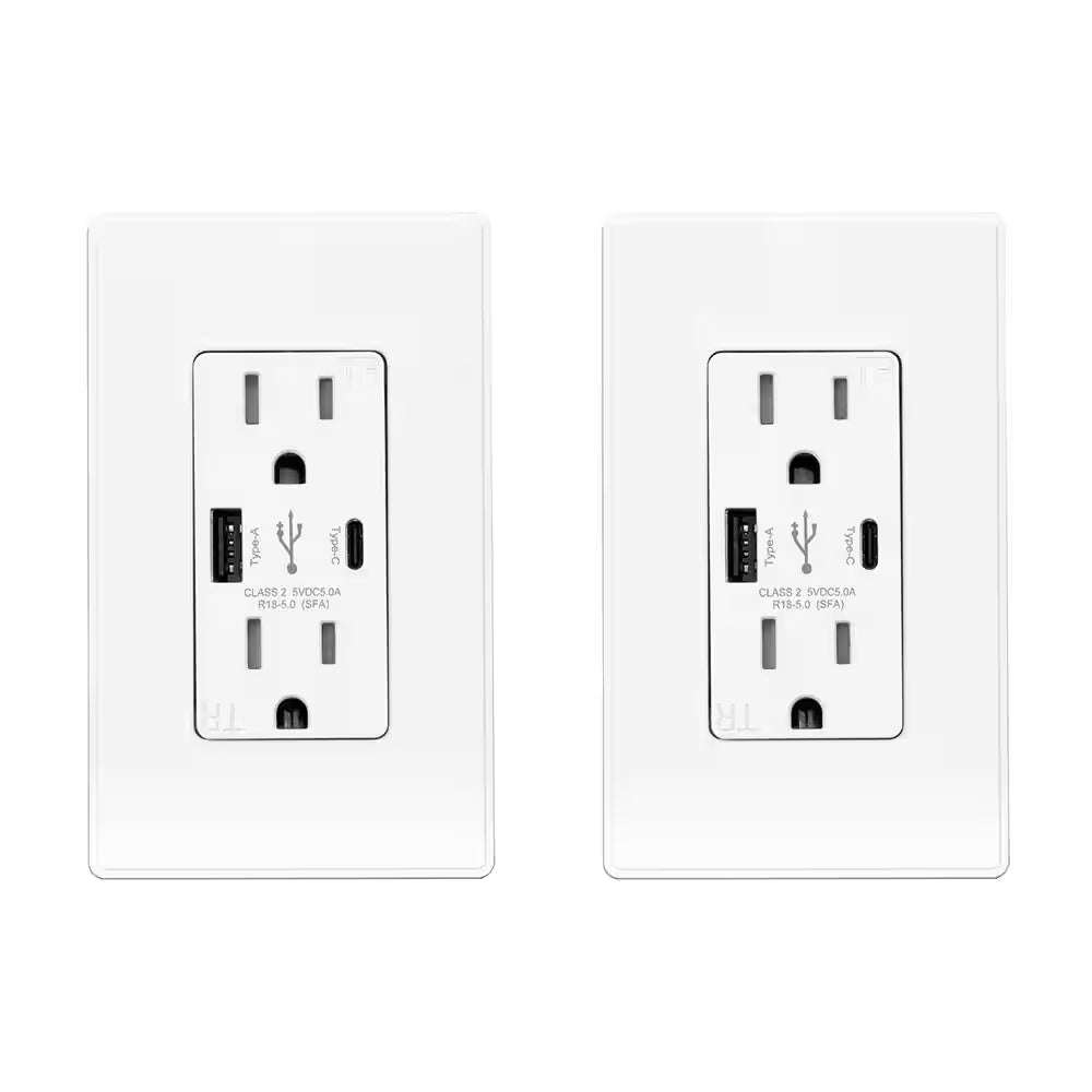 25-Watt 15 Amp Dual Type a and Type C USB Wall Duplex Outlet, Wall Plate Included, White (2-Pack)