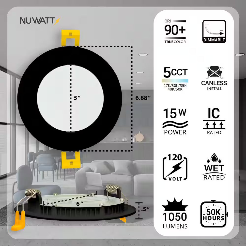 6 In. LED Black round New Construction IC Rated Slim Canless Integrated LED Recessed Light Kit 5 CCT Dimmable (12-Pack)