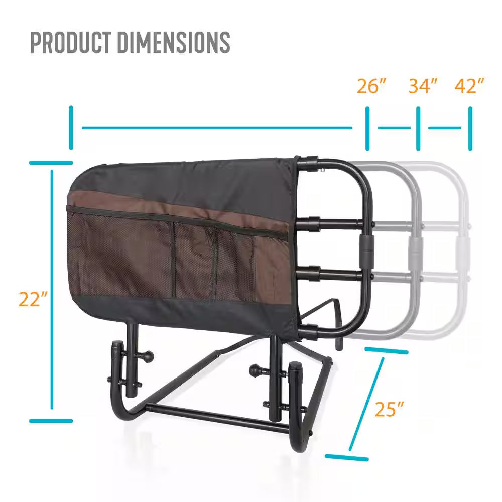 26 In. to 42 In. EZ Adjustable Bed Rail with Swing-Down Safety Railing and Pouch, in Black