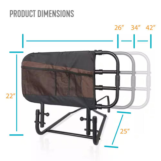 26 In. to 42 In. EZ Adjustable Bed Rail with Swing-Down Safety Railing and Pouch, in Black