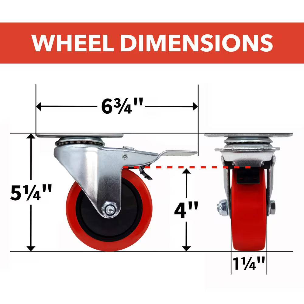 4 In. Red Polyurethane and Steel Swivel Plate Locking Caster Wheel with 250 Lb. Load Rating
