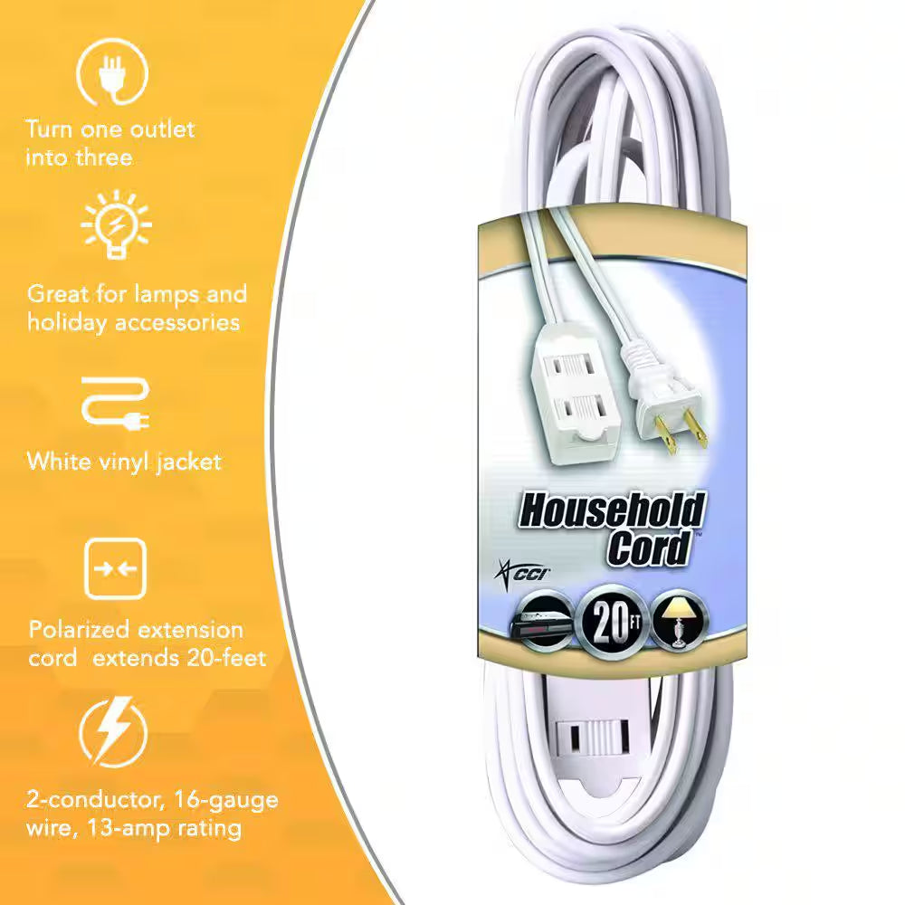 20 Ft. 16/2 SPT-2 Multi-Outlet (3) Indoor Light-Duty Extension Cord with Safety Covered Cube Power Tap