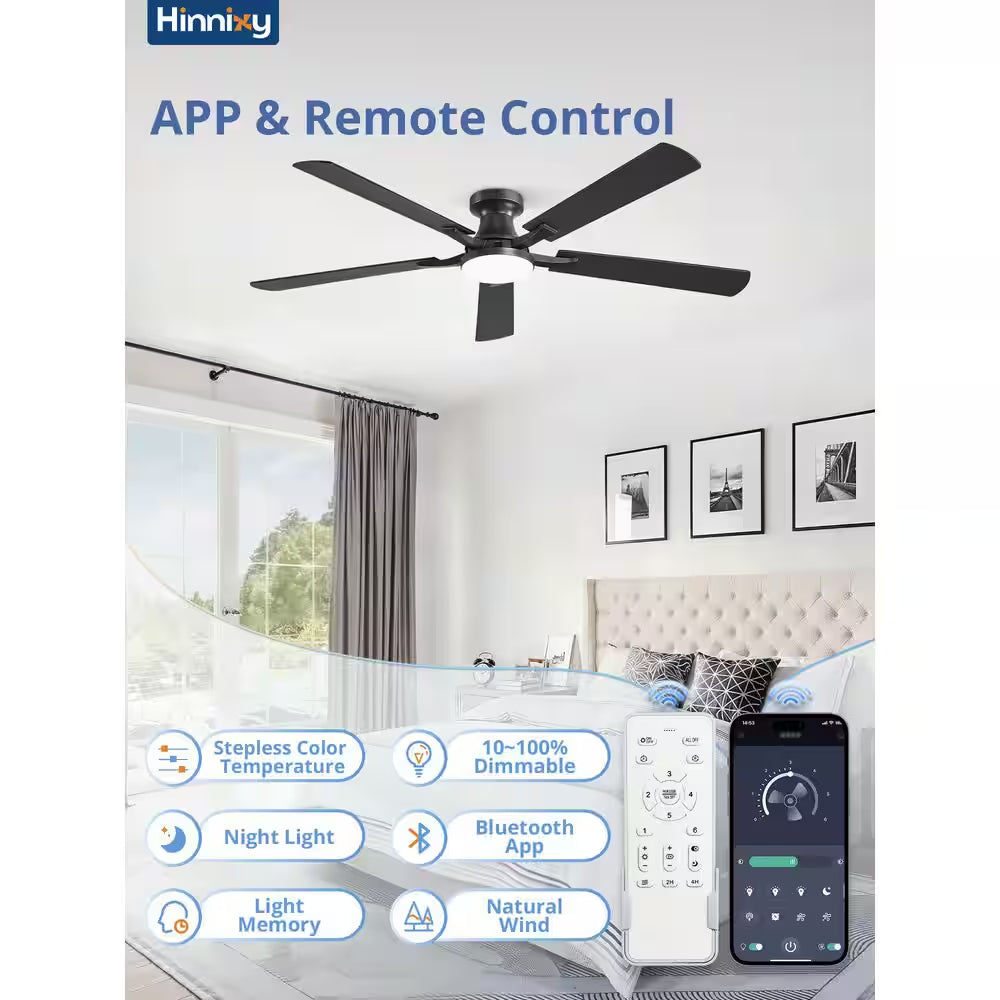 60 Inch Black Modern Flush Mount Ceiling Fan with Light, App/Remote Control Quiet Reversible DC Motor for Living Room