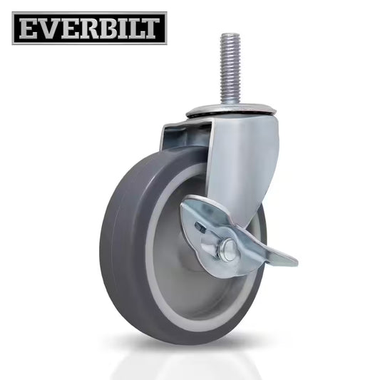 4 In. Gray Rubber like TPR and Steel Swivel Threaded Stem Caster with Locking Brake and 130 Lb. Load Rating
