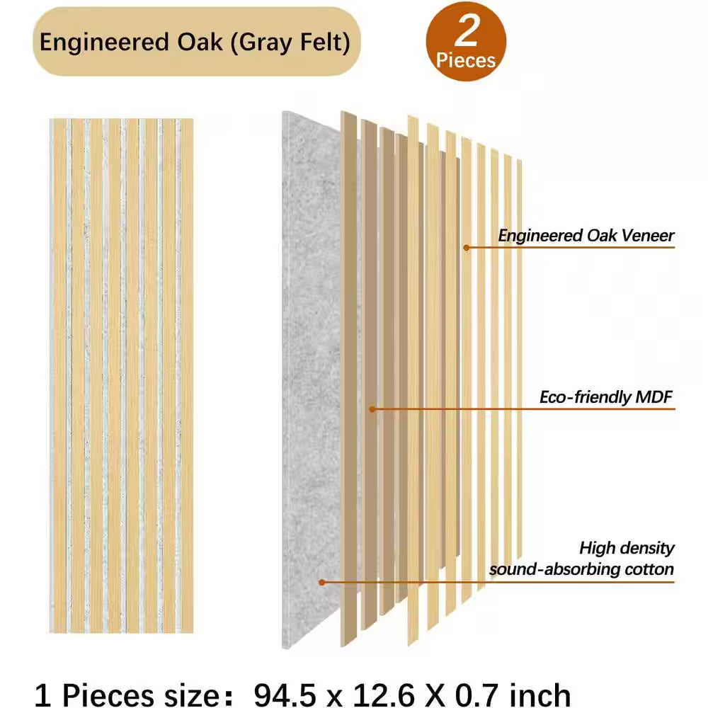 Natural Oak Gray Felt 0.8 In. X 1 Ft. X 8 Ft. Yellow Wood Slat Acoustic Panels, MDF Decorative Wall Paneling (2 Piece)