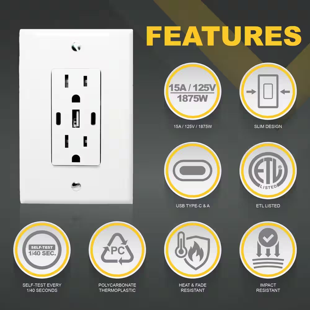 USB Receptacle Outlet White, 15A 30W with 2 Type C, 1 Type a USB Charger and Standard Wallplate