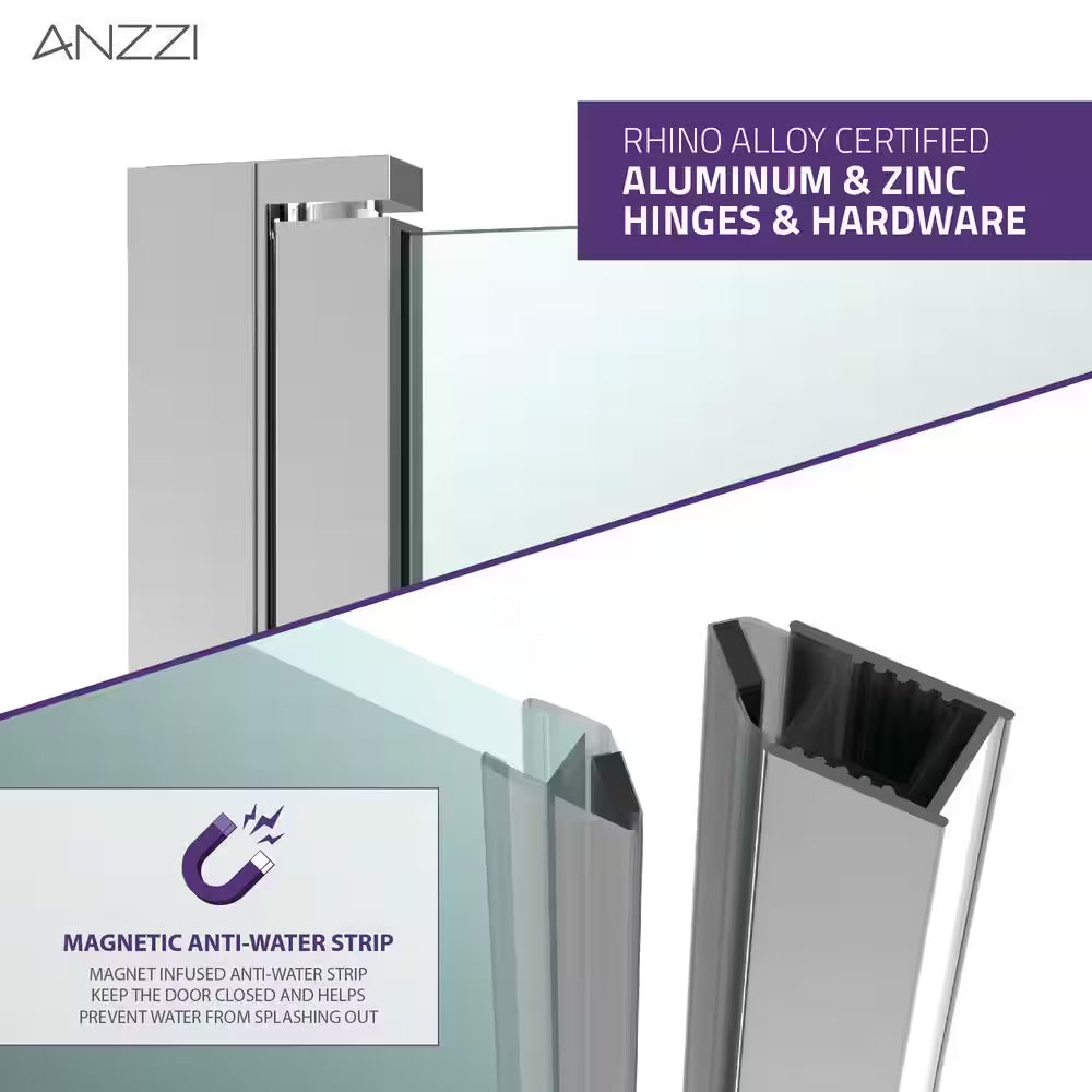 Lancer Series 23.4 In. X 72 In. H Hinged Frameless Shower Door in Polished Chrome with Tsunami Guard Tempered Glass
