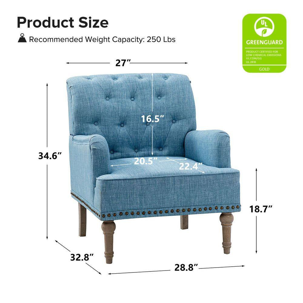 Leobarda Classic Traditional Blue Tufted Armchair with Nailhead Trim and Solid Wood Legs