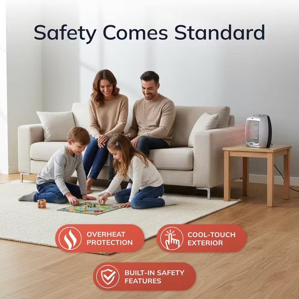 1500W 9.2 In. Gray Electric Tabletop Ceramic Space Heater with Adjustable Thermostat and Overheat Protection