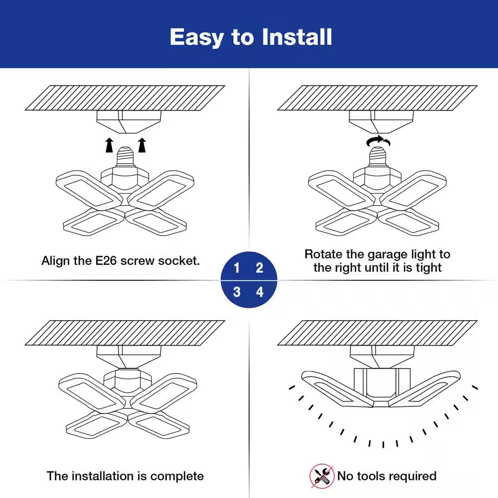 80-Watt Black Deformable Adjustable LED Garage Light Ceiling Flush Mount Lighting 4-Leaf 6000K Daylight White (2-Pack)