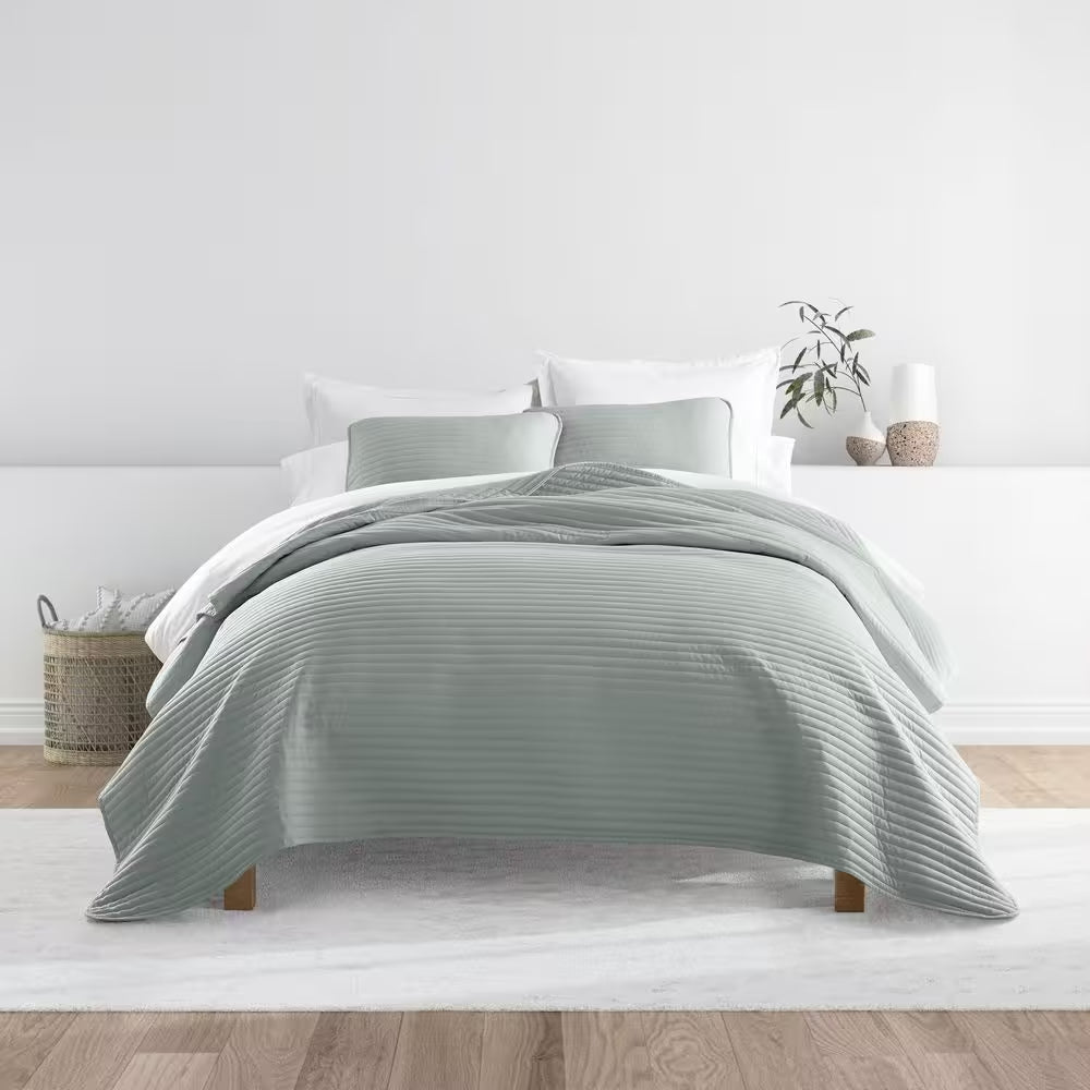 All Season 3-Pcs Eucalyptus Microfiber Twin/Twin XL Stripe Stitch Quilt Set with Shams