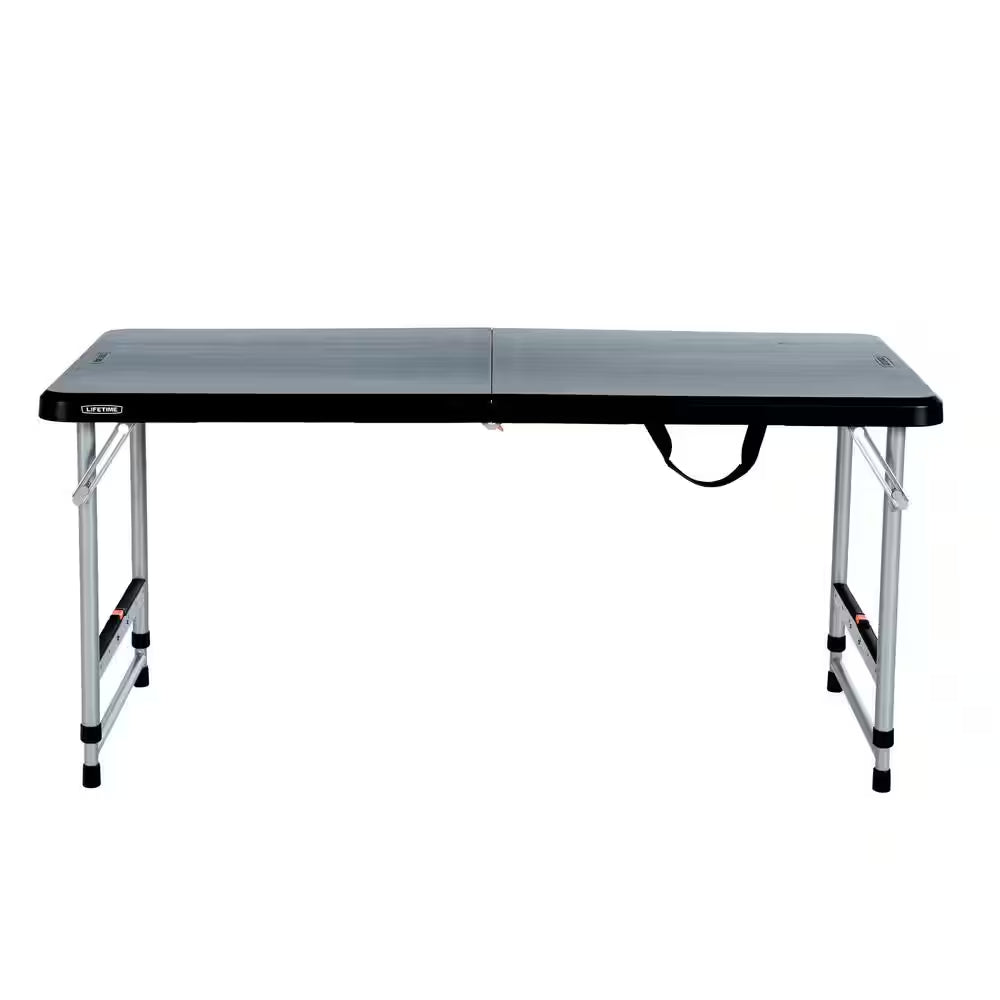 48 In. L Rectangle Black Resin Top Adjustable Fold-In-Half Table with Silver Frame