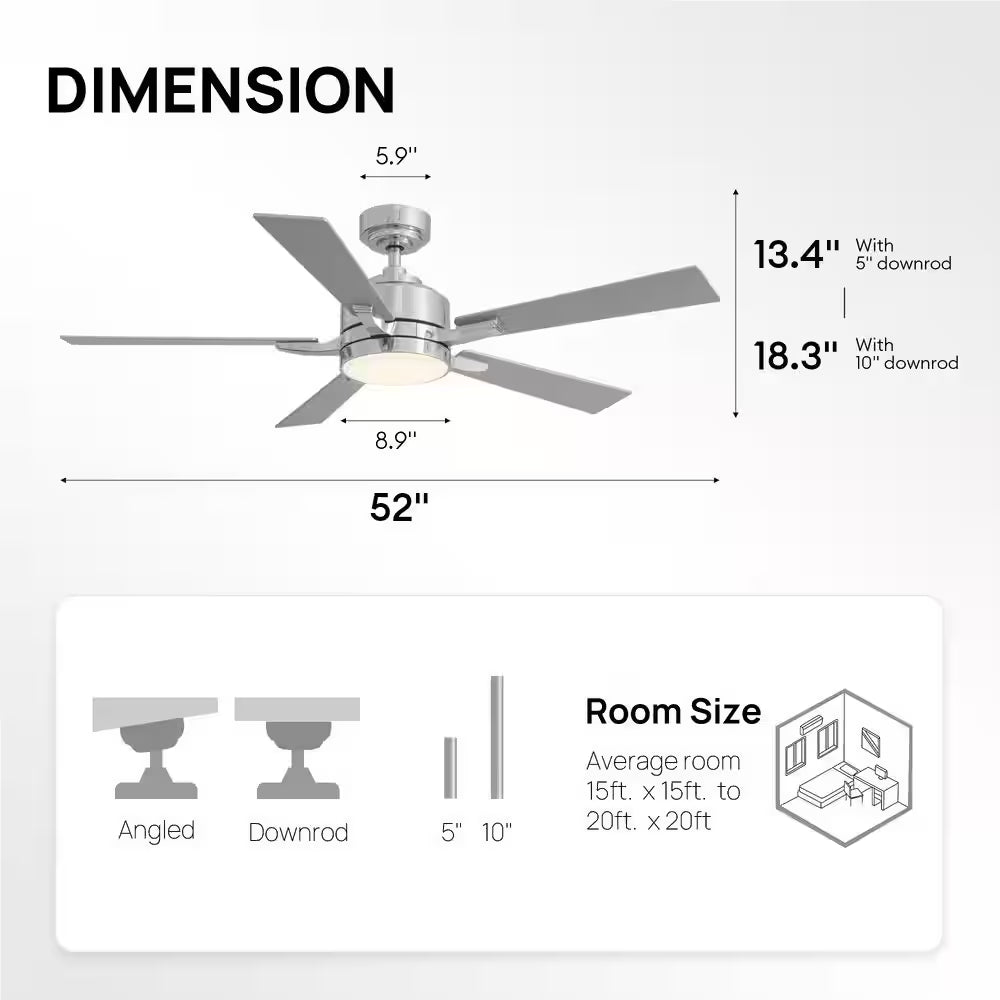 52 In. Indoor Modern Chrome Ceiling Fan with LED Light and Remote Control for Bedroom and Living Room