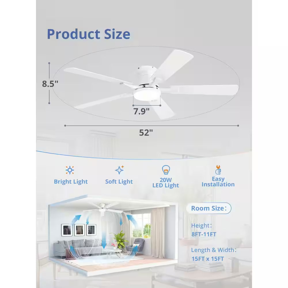 52 In. White Indoor Dimmable LED 6-Speed Low Profile Ceiling Fan with Lights and Remote Control Dual-Finish Blades