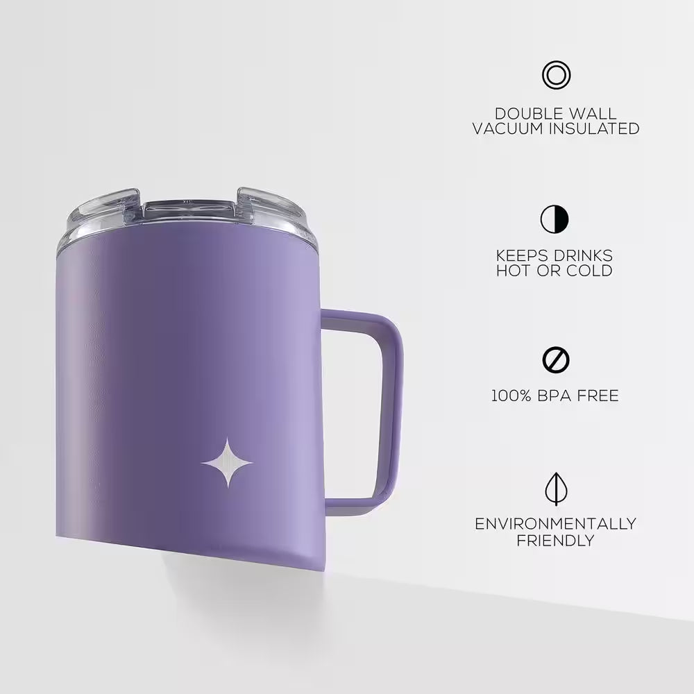 12 Oz. Purple Stainless Steel Vacuum Insulated Travel Coffee Mug Tumbler with Lid & Handle