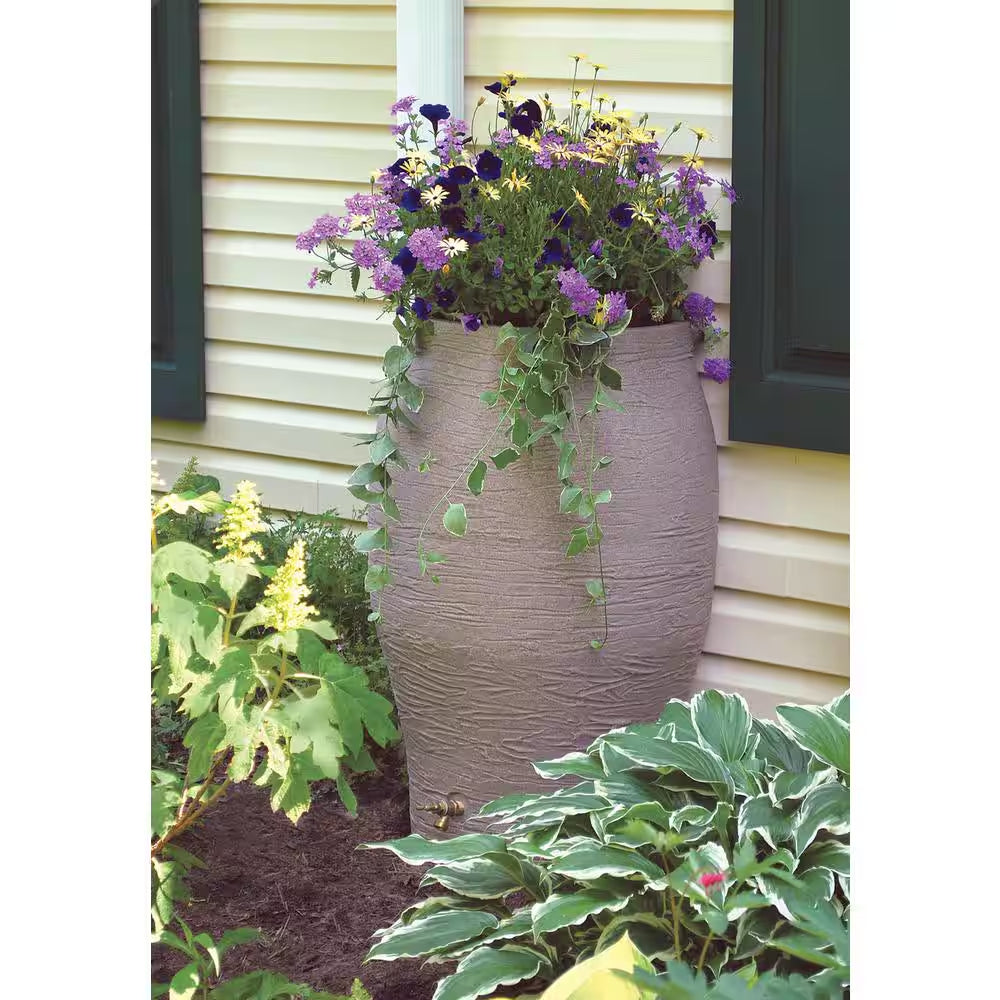 50 Gal. Sandstone Water Urn Flat-Back Rain Barrel with Integrated Planter and Diverter Kit