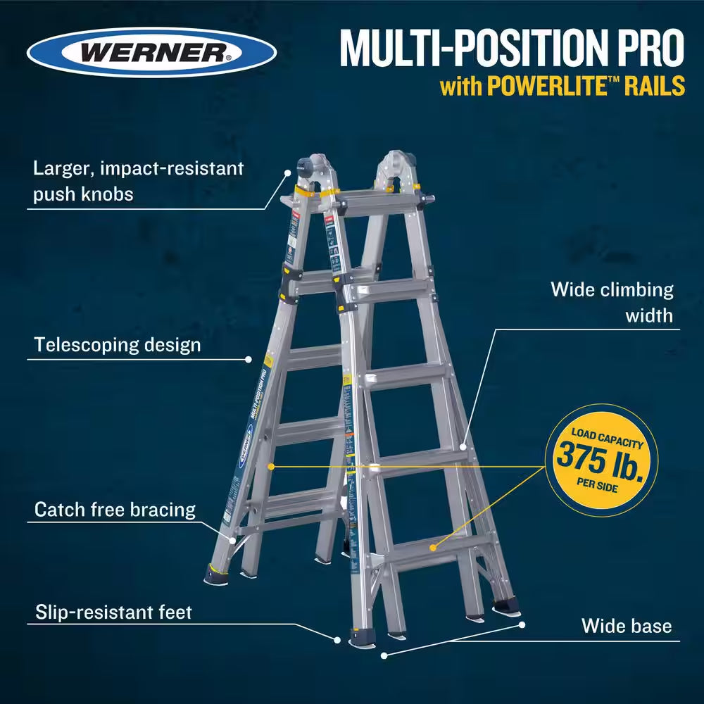 5 in 1 Multi Position Pro 14 Ft. Reach Aluminum Adjustable Multi Position Ladder, 375 Lb. Load Capacity Type IAA Duty