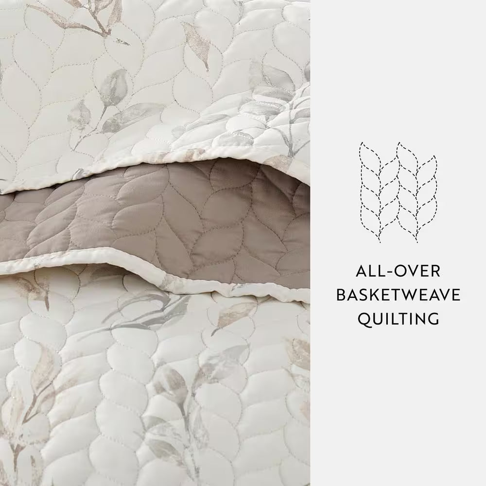 All Season 3-Pcs Latte Watercolor Leaves/Stripe Reversible Microfiber Quilt Set with Shams