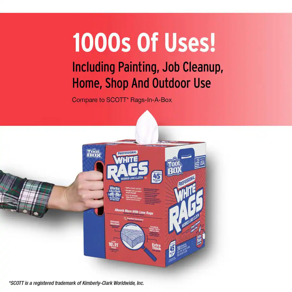 Professional White Rags (200 Sheets; 10 In. W X 11 In. L Sheet Size; Disposable Painter'S Rags - Natural Fibers)