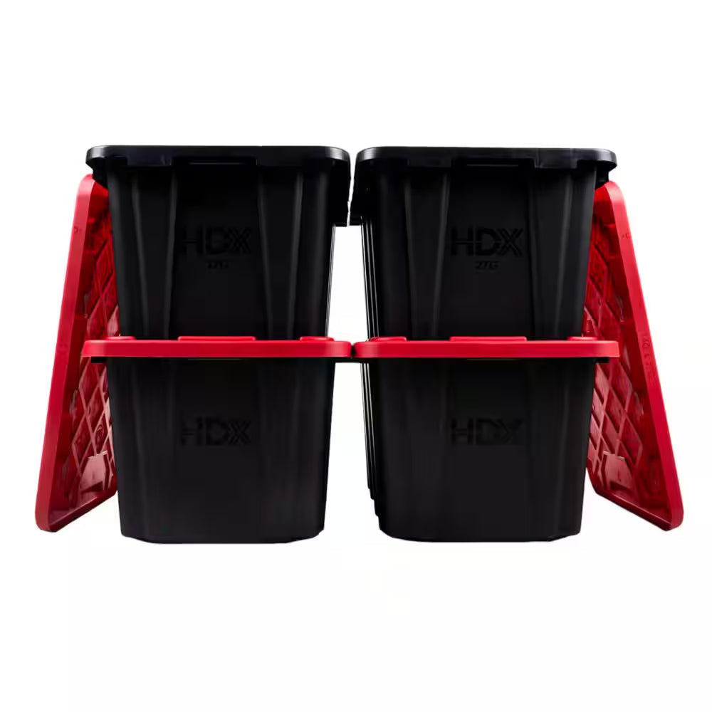 27 Gal. Tough Storage Tote in Black with Red Lid (4-Pack)