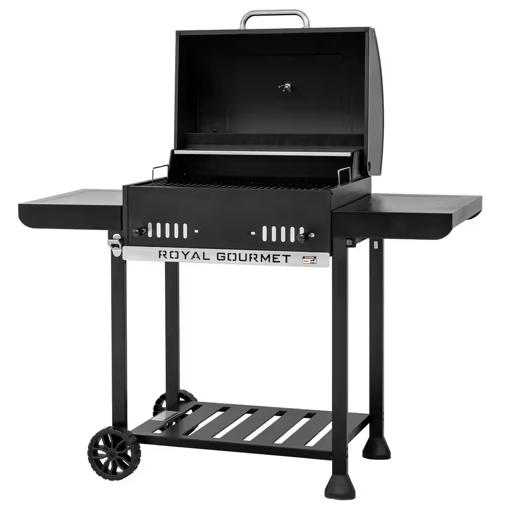 24 In. Movable Charcoal Grill in Black, 2 Foldable Side Shelves, 2-Level Height-Adjustable Charcoal Pan