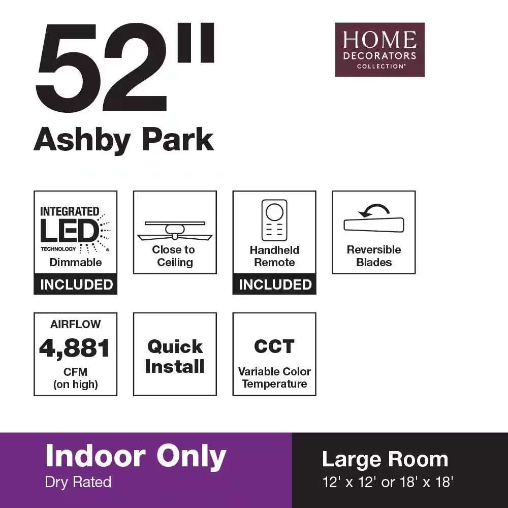 Ashby Park 52 In. White Color Changing Integrated LED Brushed Nickel Ceiling Fan with Light Kit and Remote Control
