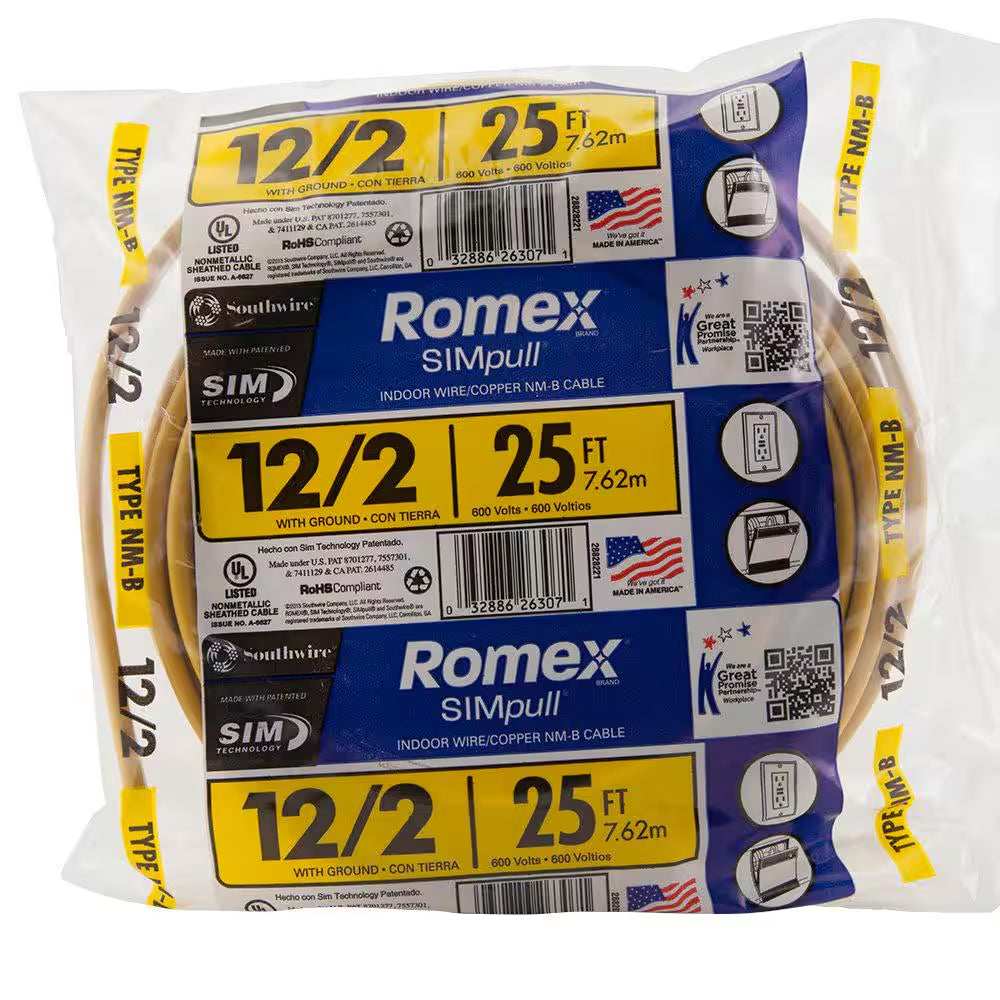 25 Ft. 12/2 Solid Romex Simpull CU NM-B W/G Wire