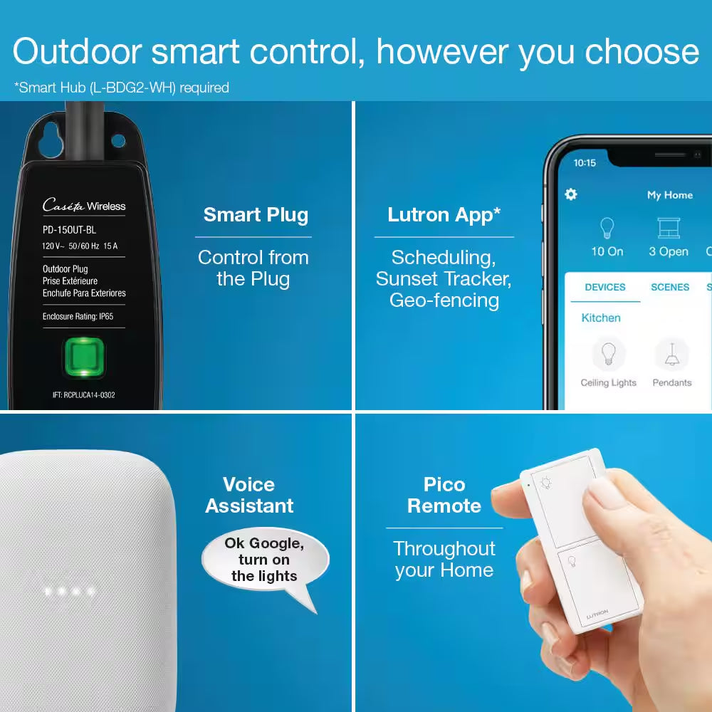 Caseta Weatherproof+ Outdoor Smart Plug with Pico Remote for Landscape/String Lights, 15A On/Off, Black (P-PKG1OUT-BL-R)