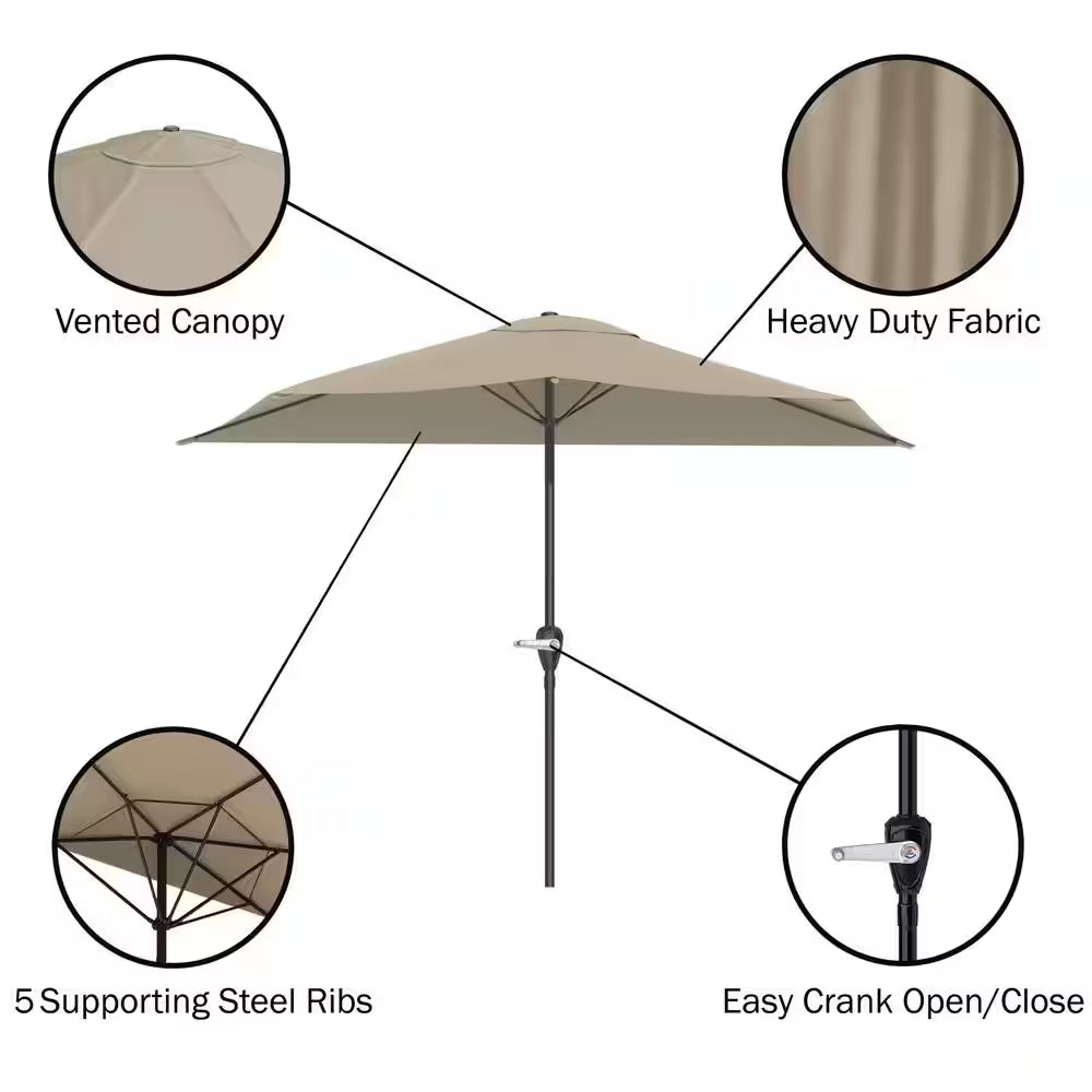 9 Ft. Steel Outdoor Half round Patio Market Umbrella with Easy Crank Lift in Sand