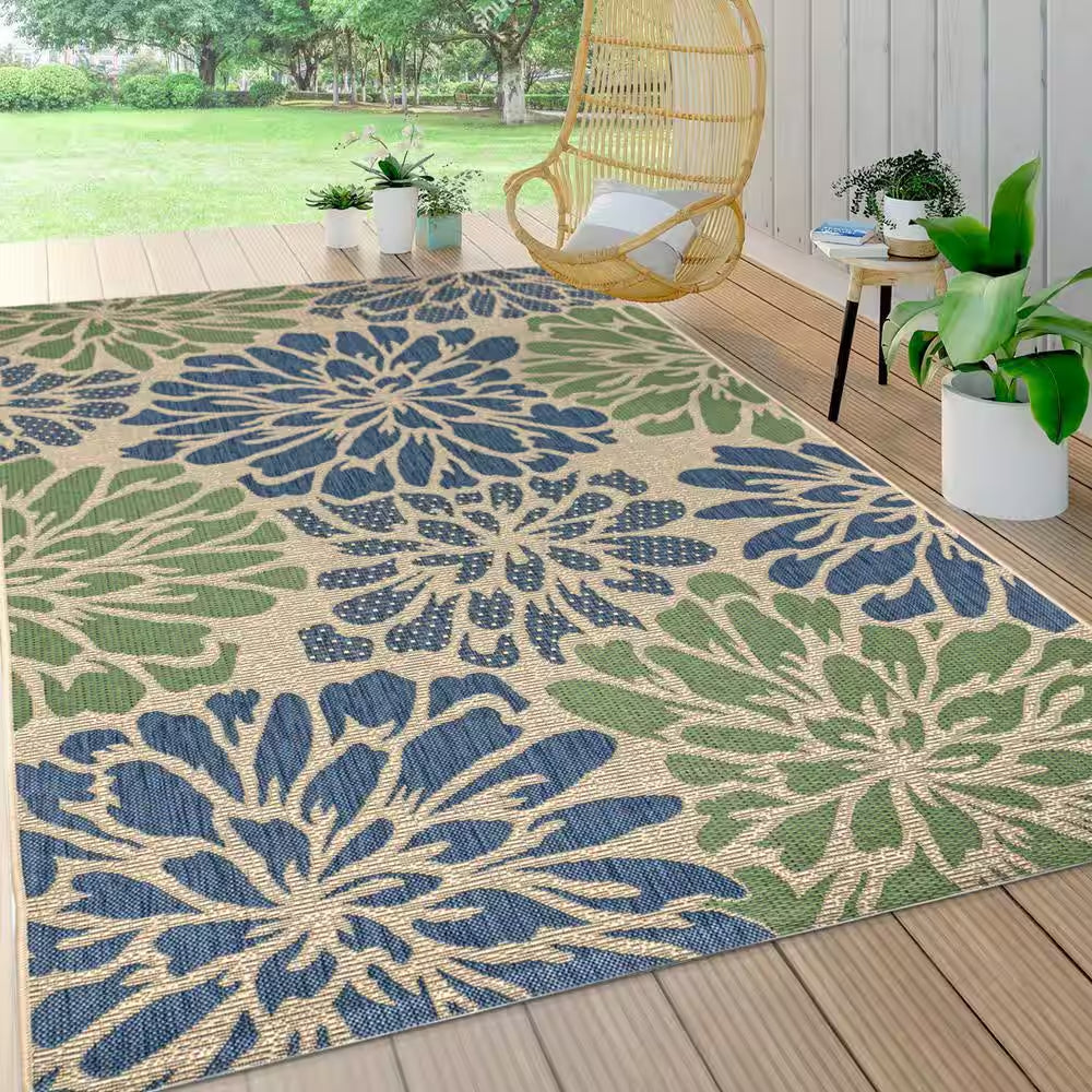 Zinnia Navy/Green 8 Ft. X 10 Ft. Floral Indoor/Outdoor Area Rug