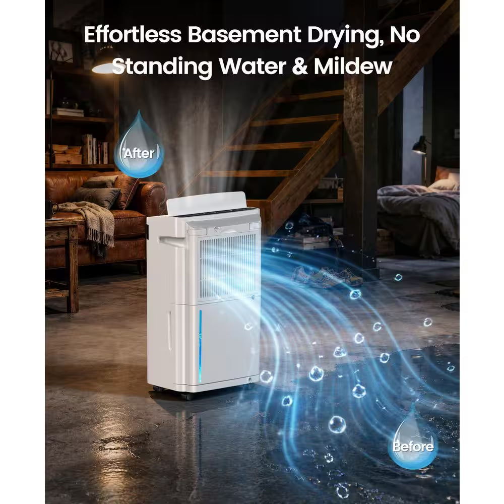 70 Pt. 5,500 Sq. Ft. Portable Dehumidifier for Basement with Bucket, Drain Hose, Auto Shutoff, Washable Filter (White)