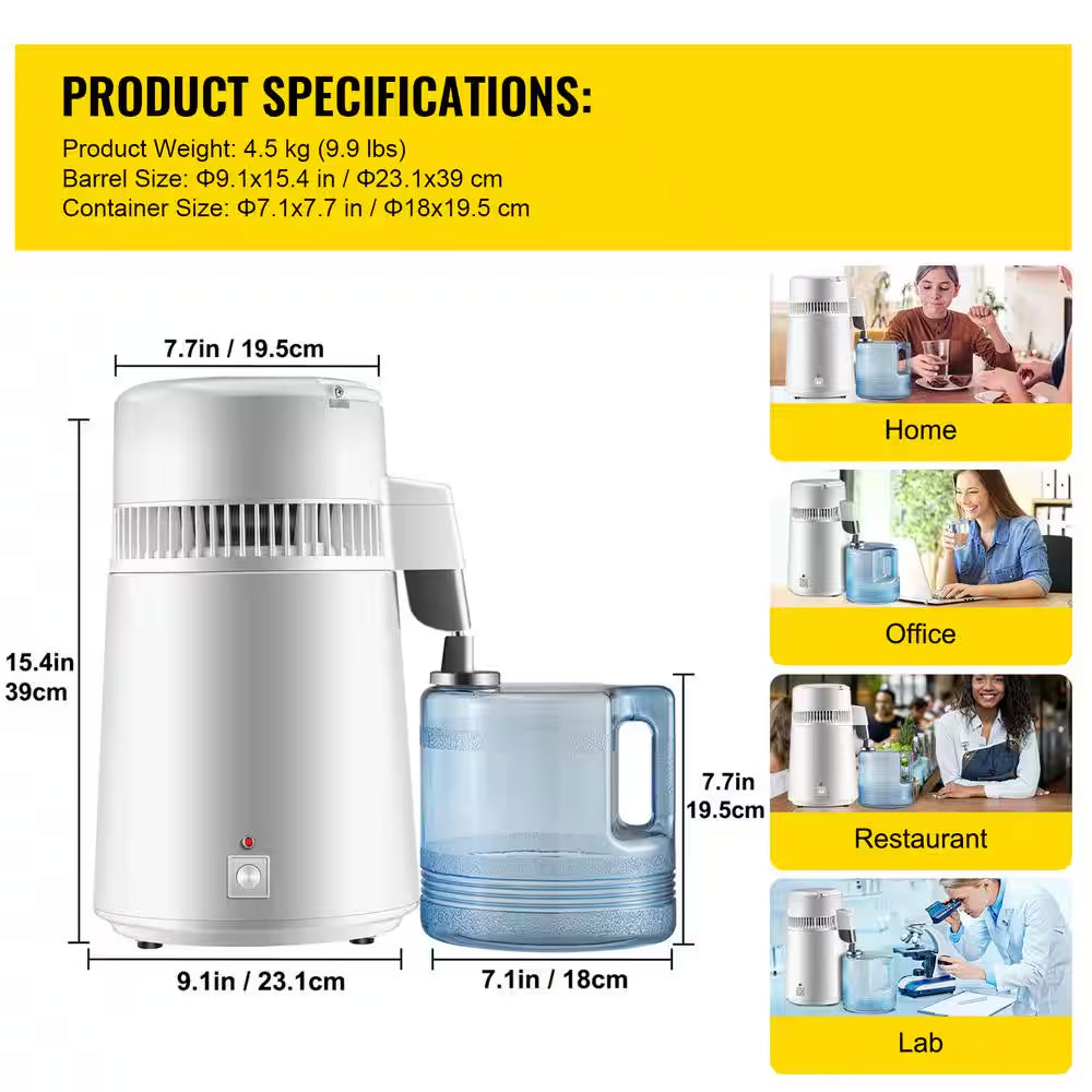 Pure Water Distiller 750W Fully Upgraded with Handle 1.1 Gal. /4L BPA Free Container Perfect for Home Use White