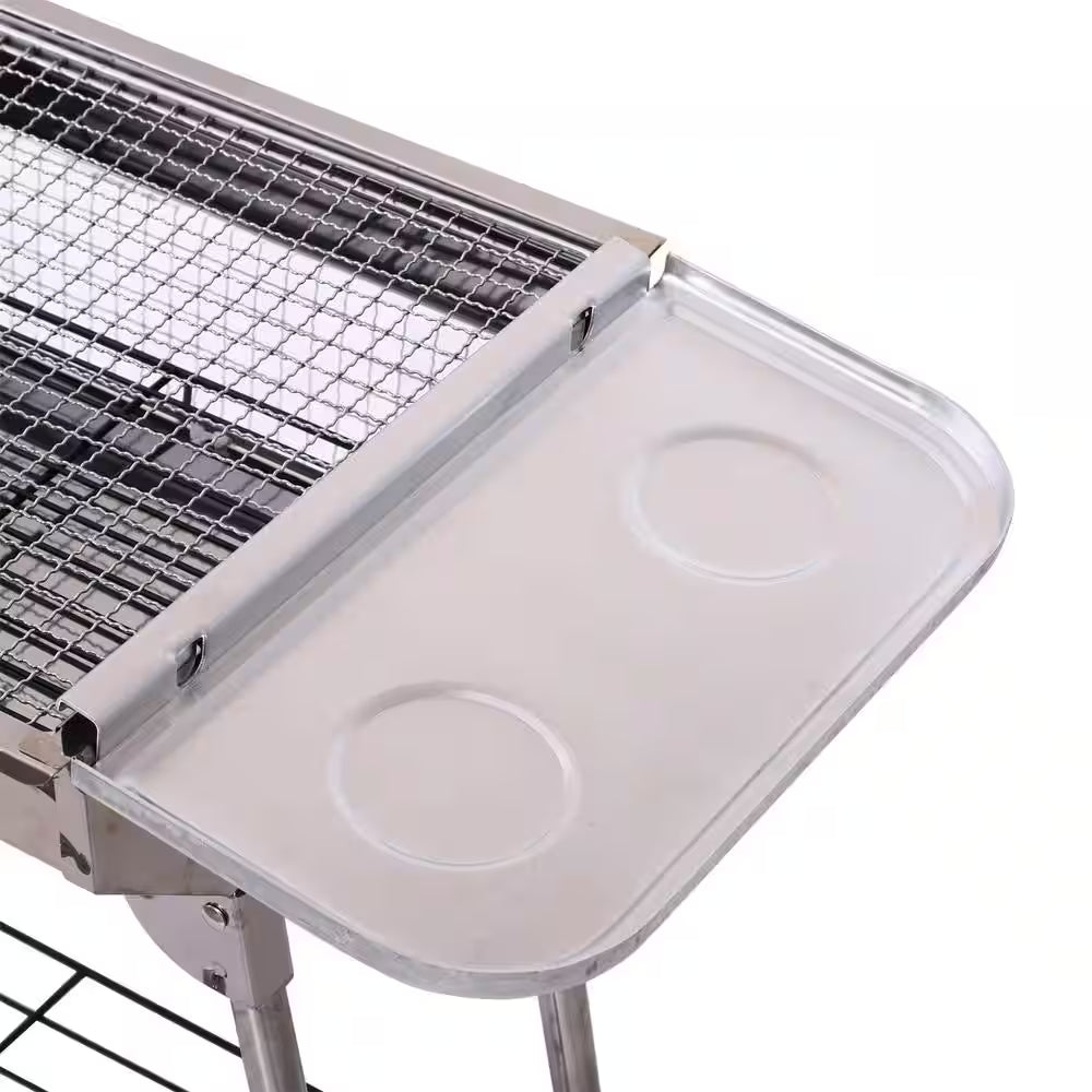 Portable Folding Charcoal BBQ Grill in Silver Stainless Steel Camp Picnic Cooker with a Large Non-Stick Cooking Space