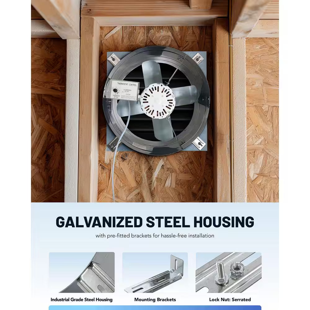 14 In. Single Speed Gable Mount Attic Ventilator Window Fan in Gray with Adjustable Thermostat