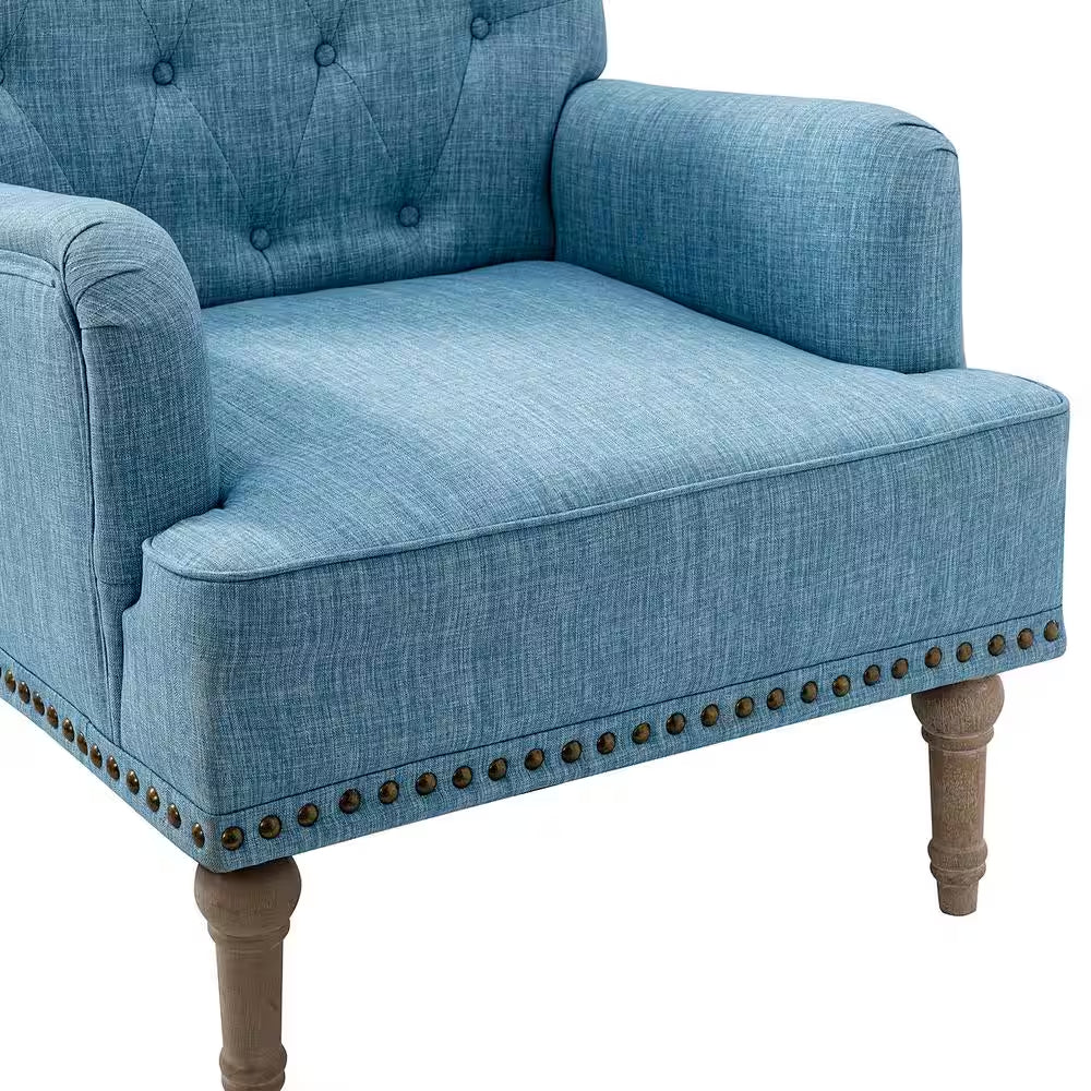 Leobarda Classic Traditional Blue Tufted Armchair with Nailhead Trim and Solid Wood Legs