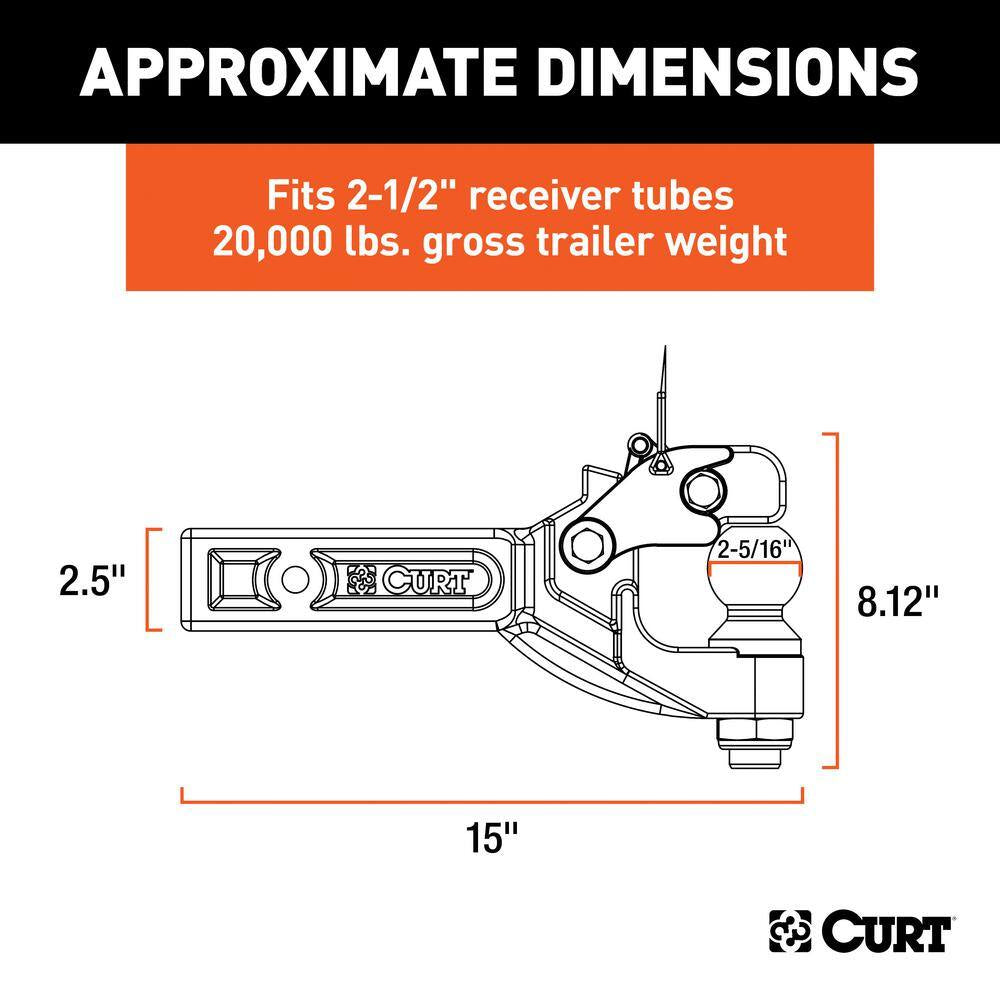 Receiver-Mount Pintle Hook Ball Combination Hitch with 2-5/16 In. Ball, 2-1/2 In. Shank and 20,000 Lbs. Capacity