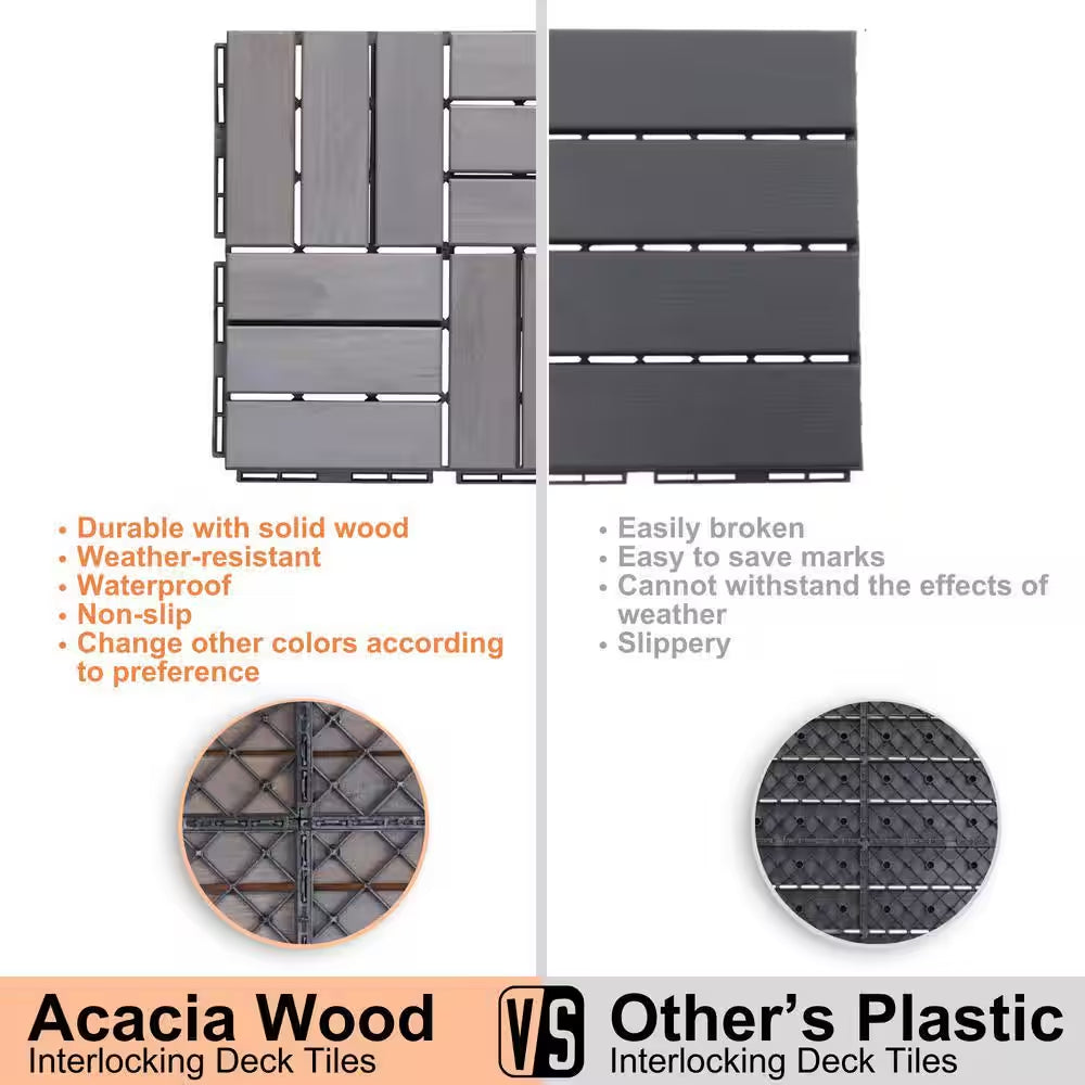 12 In. X 12 In. Wood Interlocking Flooring Tiles Indoor Outdoor Patio Garden Deck Poolside Balcony, 10-Pack, Gray
