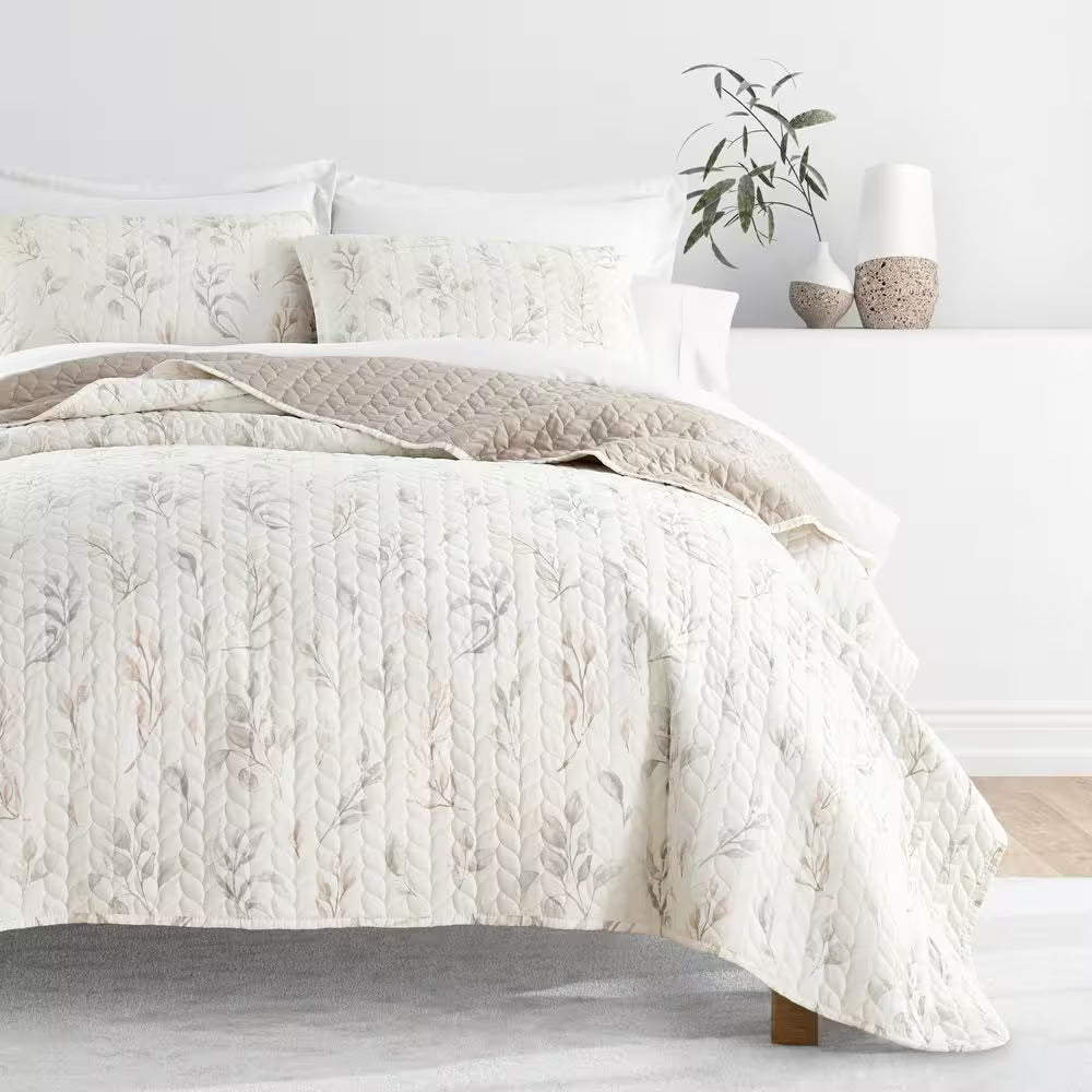 All Season 3-Pcs Latte Watercolor Leaves/Stripe Reversible Microfiber Quilt Set with Shams