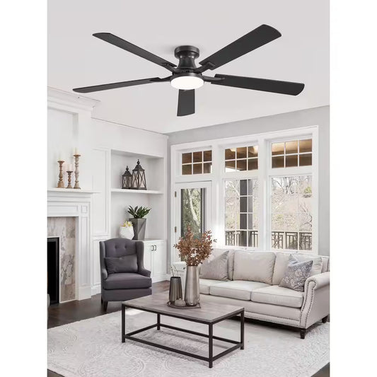 60 Inch Black Modern Flush Mount Ceiling Fan with Light, App/Remote Control Quiet Reversible DC Motor for Living Room
