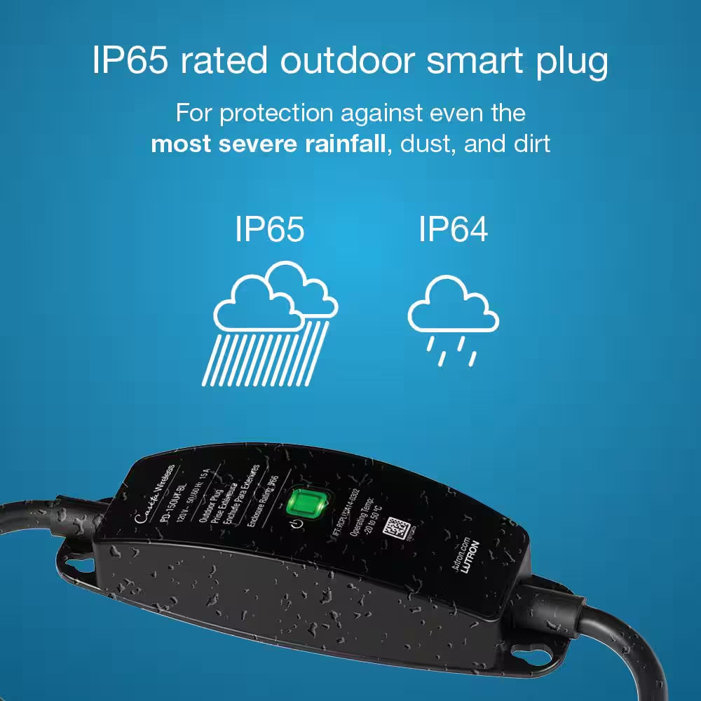 Caseta Weatherproof+ Outdoor Smart Plug with Pico Remote for Landscape/String Lights, 15A On/Off, Black (P-PKG1OUT-BL-R)