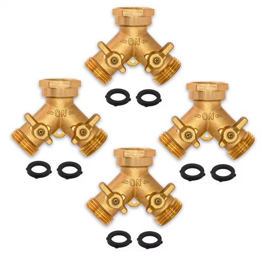 Brass Garden Hose Splitter, Heavy-Duty 2-Way Hose Connector Fitting (4-Pack)