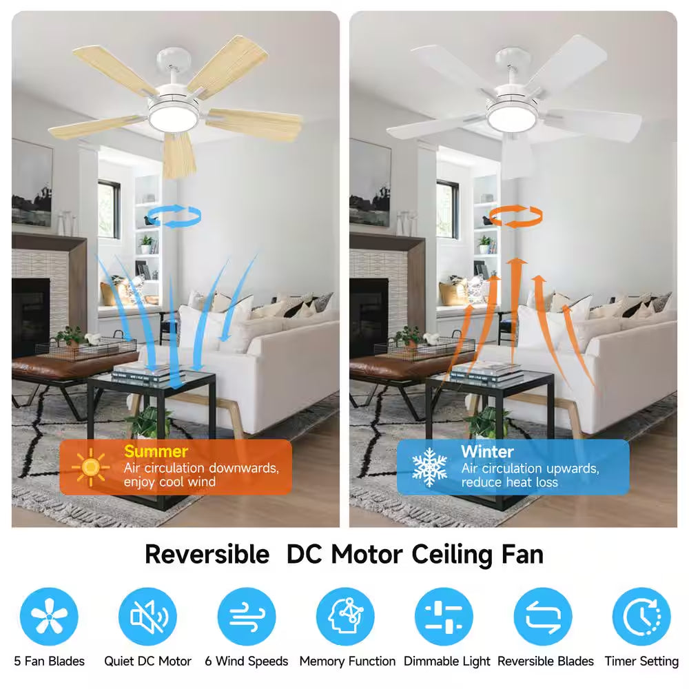 T5 Series 46 In. Indoor White Ceiling Fan with Dimmable 3-CCT Light and Bedroom Mood Light, Reversible Quiet DC Motor