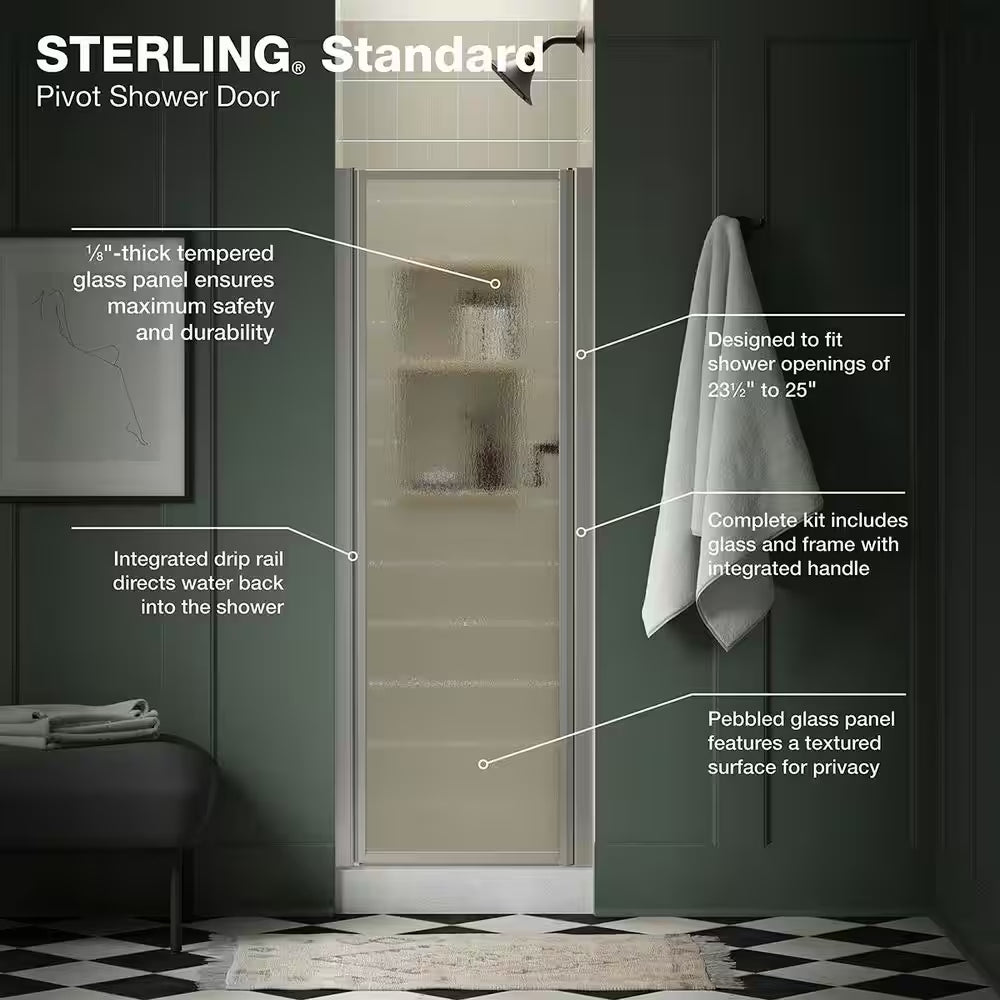 Standard 24-25 In. W X 64 In. H Pivot Shower Door in Silver with 1/8 In. Thick Rain Textured Glass