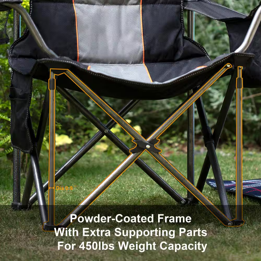 Oversized Folding Camping Chair with Cooler Bag Deluxe Black Chair Heavy-Duty