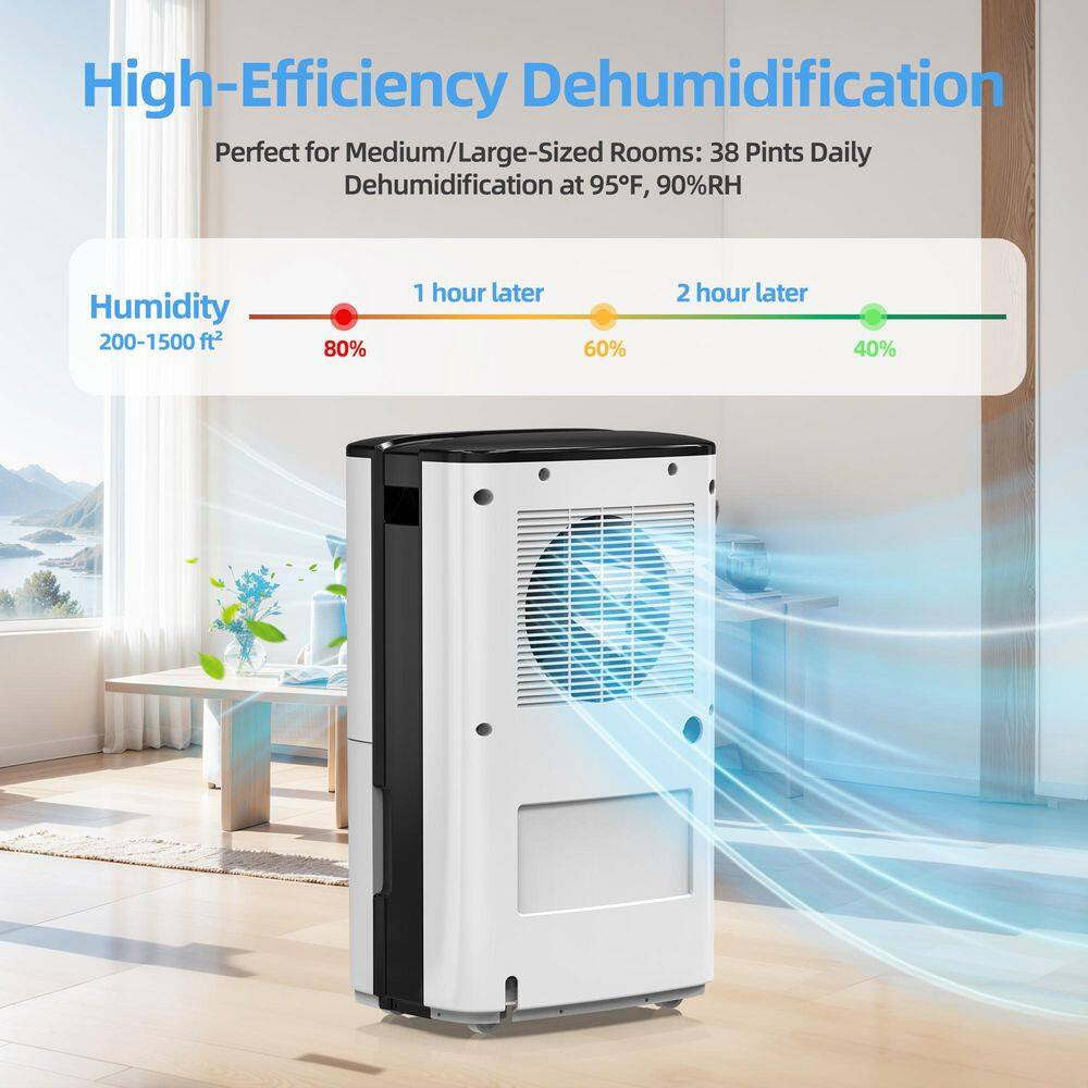 38 Pt. 2000 Sq. Ft. Portable Dehumidifier in White with 8.03 Pt. Bucket, Auto Defrost, Anionic Air Mode, 2-Fan Speeds