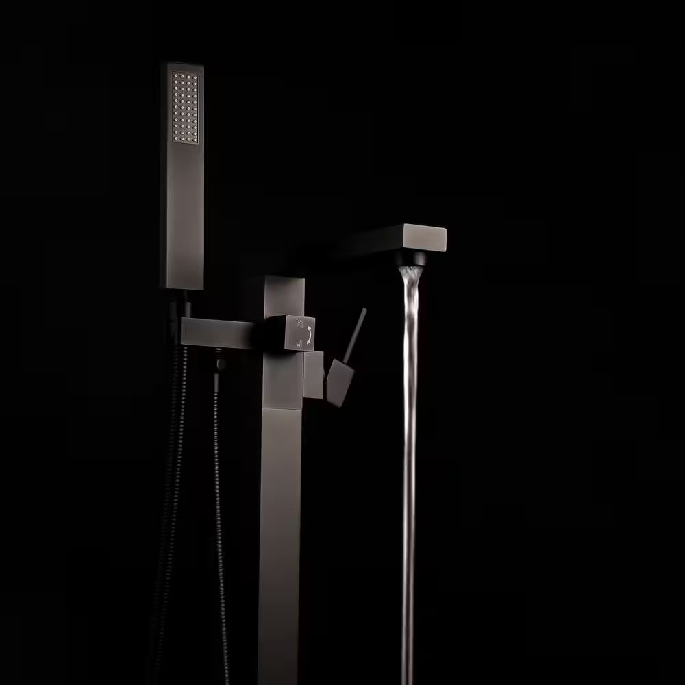 1-Handle Freestanding Floor Mount Roman Tub Faucet Bathtub Filler with Hand Shower in Matte Black
