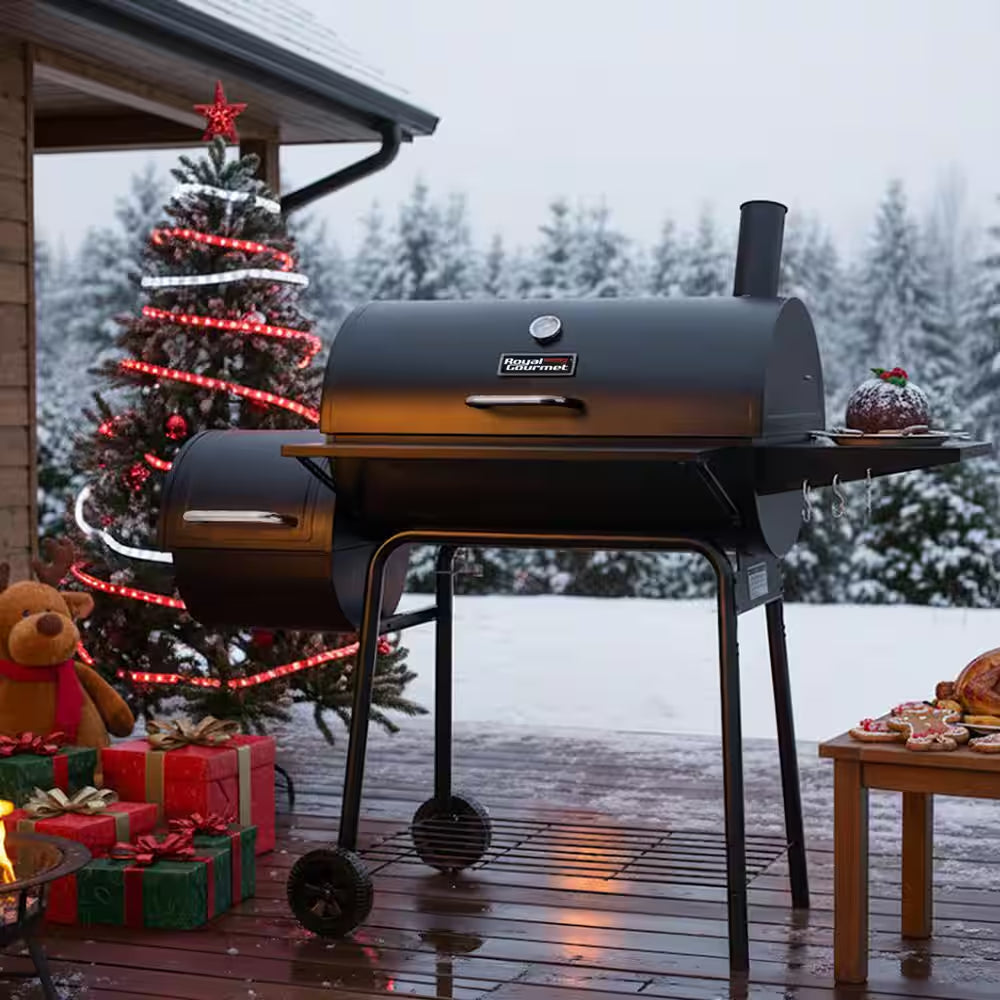 Charcoal Grill in Black with Offset Smoker and Side Table